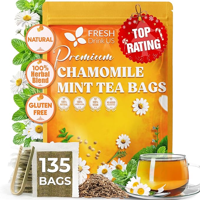FreshDrinkUS, Chamomile Mint Tea Bags | 135 Count | Refreshing Herbal Blend of Chamomile Flower, Peppermint, Lemon Balm & other herbs – Smooth Floral & Minty Flavor – Premium Quality, Caffeine-Free - Bloomnest
