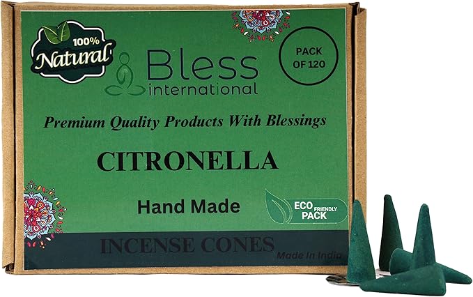 Bless International Citronella 100%-Natural-Incense-Cones Handmade-Hand-Dipped Organic-Chemicals-Free for-Purification-Relaxation-Positivity-Yoga-Meditation The-Best-scents (120 Count) BlessInternational