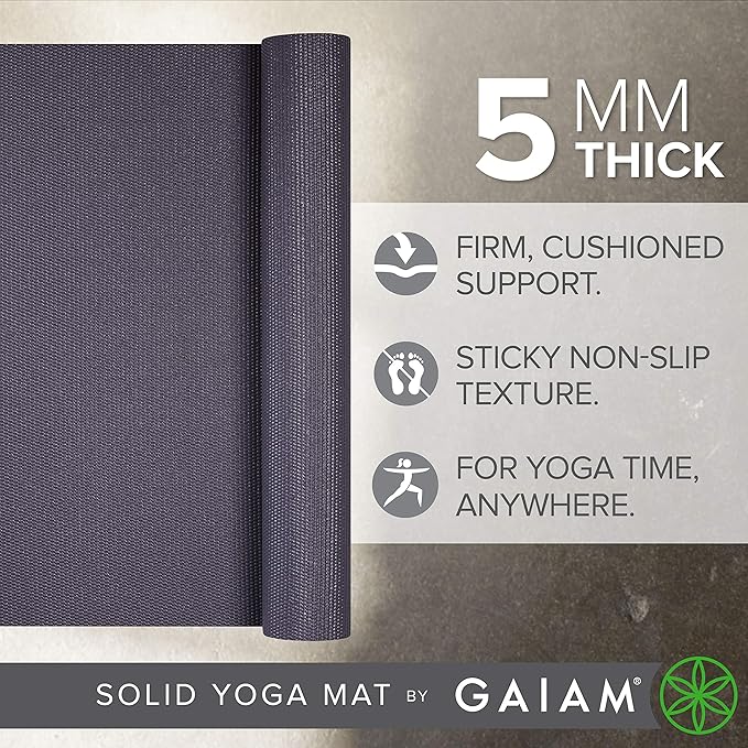 Gaiam Yoga Mat - Premium 5mm Solid Thick Non Slip Exercise & Fitness Mat for All Types of Yoga, Pilates & Floor Workouts (68" x 24" x 5mm) - Bloomnest