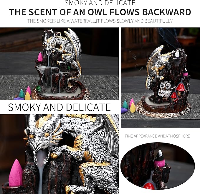 Dragon Backflow 2 Sided Mountain Waterfall Incense Burner,Fountain Smoke Incense Holder with Backflow Incense Cones, Tweezers, Mat，Resin Aromatherapy Meditationvaiuk (Silver) - Bloomnest