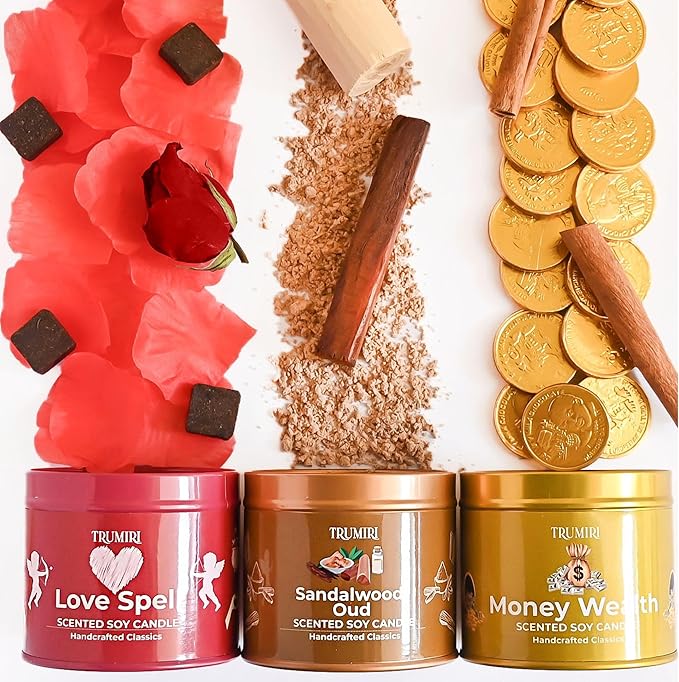 Love Spell, Money Wealth, Sandalwood Oud - Soy Candles Non Toxic - Highly Scented Long Lasting with Essential Oils - Variety Pack of 3 x 5oz - for Home Aromatherapy Meditation Gift Travel TRUMIRI