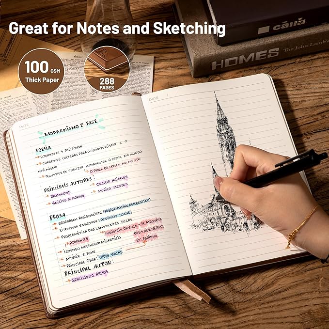 CAGIE Compass Leather Notebook Journal for Men, 100 GSM 288 Pages Lined Journals for Writing, A5 Hardcover Journaling Notebooks Gift Set with Pen for Travel Office Daily Writing - Bloomnest