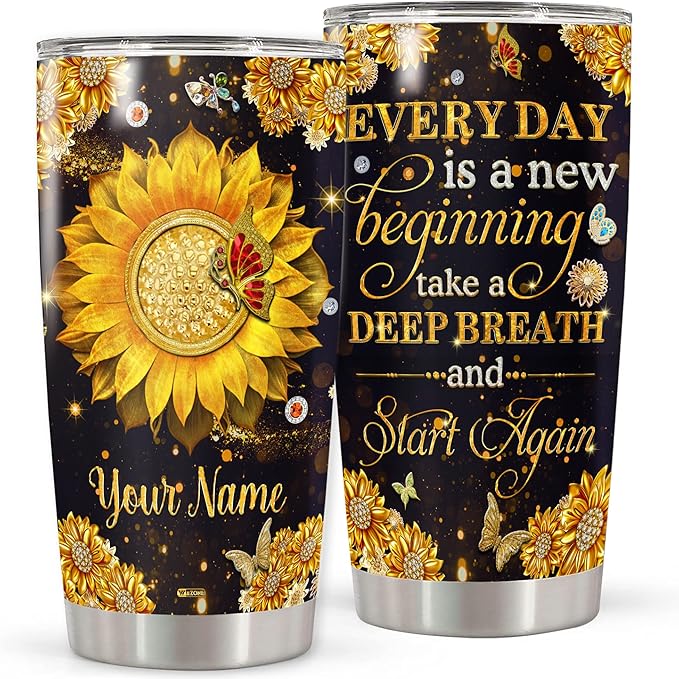 WAZONE Personalized Sunflower Insulated Tumbler 20oz 30oz Every Day Is A New Beginning Motivational Sayings Custom Name Gifts For Women Friends Stainless Steel With Lid Vacuum Travel Cup Mug - Bloomnest