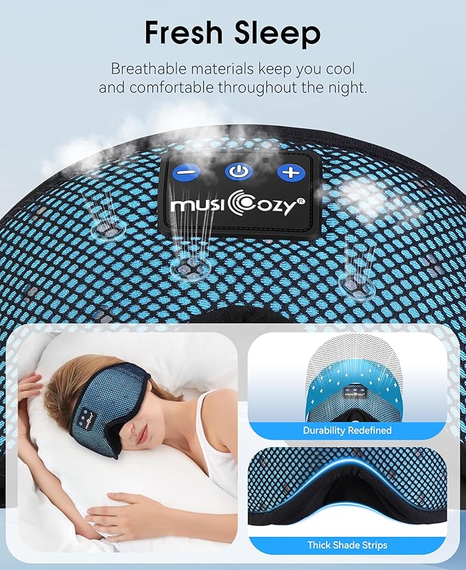 MUSICOZY Sleep Headphones Breathable Sleep Mask Bluetooth 5.4 Wireless Earphones Mask Sleeping Eyemask for Side Sleepers for Women Men Travel Meditation Gift (Mesh Blue) - Bloomnest