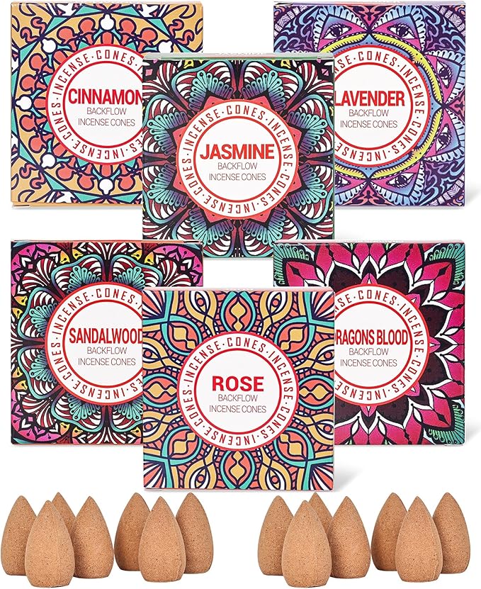 Backflow Incense Cones - Set of 6 Natural Scents - Sandalwood, Lavender, Jasmine, Cinnamon, Rose, Dragons Blood for Purification, Relaxation, Yoga, Meditation Pavocristatus