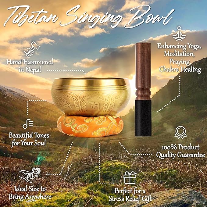 Tibetan Singing Bowls Set-Hand-hammered in Nepal Sound Bowl for Meditation, Yoga, Chakra, Meditation Accessories, Stress Relief Tool and Unique Gifts for Women, Men (Yellow, 4 inch)