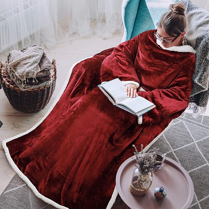 Tirrinia Sherpa Wearable Blanket With Sleeves, Full Body Throw Reading Wrap TV Blankets - Bloomnest