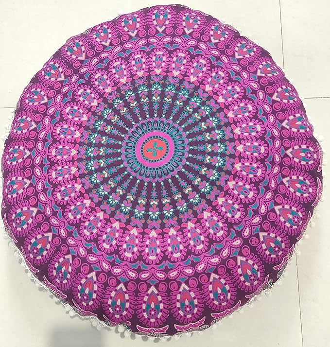 INDIAN CRAFT CASTLE 24" Pink Peacock Mandala Barmeri Large Floor Pillow Cover Cushion Meditation Seating Ottoman Throw Cover Hippie Decorative Zipped Bohemian Pouf Ottoman Pom Pom Cases 24" Round - Bloomnest