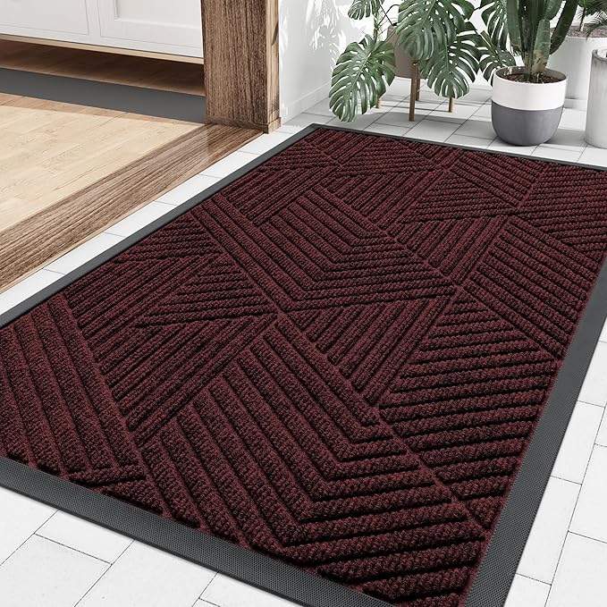 Smiry Front Door Mat Outside Entrance, Heavy Duty Sturdy Natural Rubber Doormat, Trap Dirt and Moisture, Easy Clean Low Profile Mats for Indoor Outdoor Entry, Irregular Triangle (36x24, Dark Red) - Bloomnest