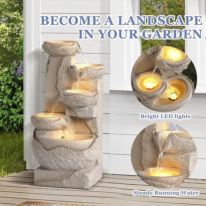 Grepatio Outdoor 5-Tiers Cascading Rock Water Fountain, Waterfall Fountain with 5 LED Lights, Beige Bowl Feature Fountains and Waterfalls for Garden or Patio, Yard, and Deck Decor - Bloomnest