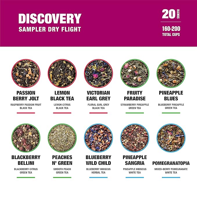 Tiesta Tea - Discovery Sampler Dry Flight Set, Loose Leaf, High to No Caffeine, Hot & Iced Up to 200 Cups, Tea Variety Pack with Green, Herbal, Black & Chai Brew, 20 Resealable Sample Pouches - Bloomnest