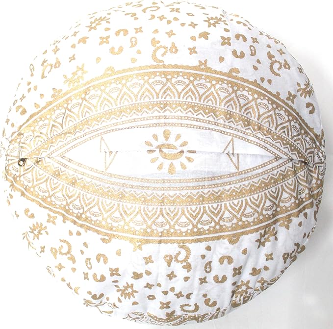 ICC Floor Pillows & Cushion covers Decorative Hippie Mandala Pouf Pillow covers Seating Meditation Cushion Cover Large Boho Ottoman Case Pillowcase Couch White Gold Matellic 16" Round - Bloomnest