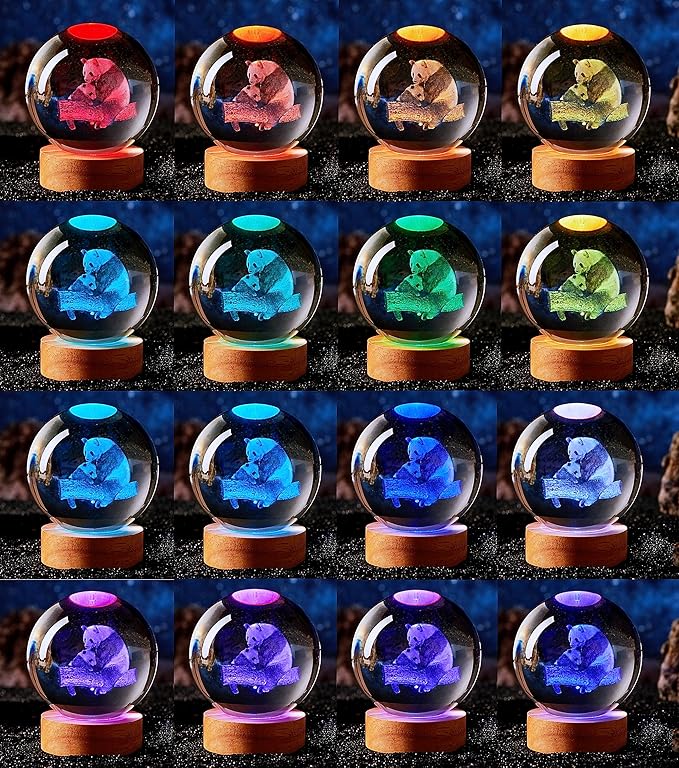 Crystal Ball Panda Family Night Light, 3.15 Inch K9 Crystal Glass Ball, 16 Color Change with Remote Control, Wooden Base Table Lamp, Birthday & - Bloomnest
