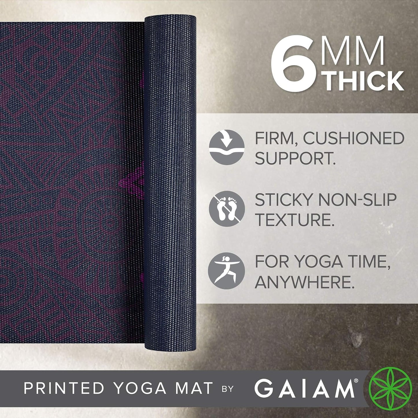 Gaiam Yoga Mat - Premium 6mm Print Extra Thick Non Slip Exercise & Fitness Mat for All Types of Yoga, Pilates & Floor Workouts (68"L x 24"W x 6mm Thick)
