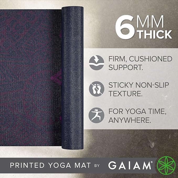 Gaiam Yoga Mat - Premium 6mm Print Extra Thick Non Slip Exercise & Fitness Mat for All Types of Yoga, Pilates & Floor Workouts (68"L x 24"W x 6mm Thick) - Bloomnest
