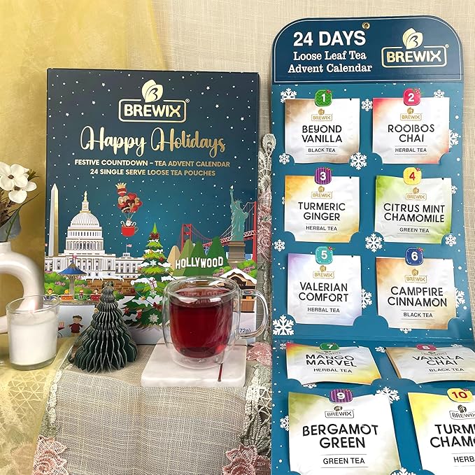 BREWIX, Tea Advent Calendar 2025 | 24 Delightful Black & Green Loose Leaf Teas - Holiday Gift Box | Christmas Advent Calendar 2025 for Adults | Gift Idea for Tea Lovers, Christmas Countdown Set | Holiday Variety Sampler for Tea Lovers - Bloomnest