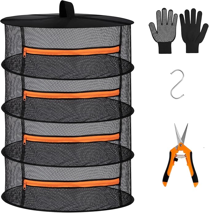 Desy & Feeci Herb Drying Rack-2ft Diameter 4 Layer Folding Mesh Hanging Basket Dryer Net with Zippers for Seeds Flowers Buds Plants Garden Outdoor Bumper Harvest(D24xH31 inch) - Bloomnest
