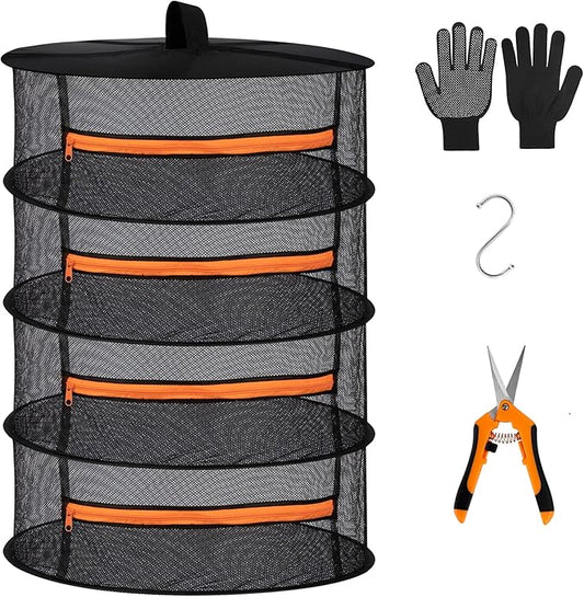 Desy & Feeci Herb Drying Rack-2ft Diameter 4 Layer Folding Mesh Hanging Basket Dryer Net with Zippers for Seeds Flowers Buds Plants Garden Outdoor Bumper Harvest(D24xH31 inch) - Bloomnest