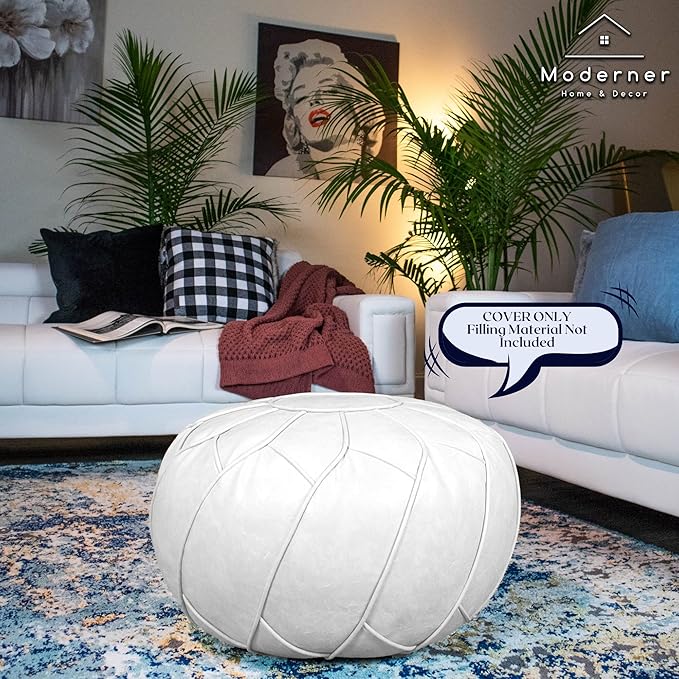 Moderner Faux Leather Pouf Unstuffed Ottoman Moroccan Footstool, Floor Footrest Cushion, Storage Solution - Natural Brown Color (White, Round) - Bloomnest