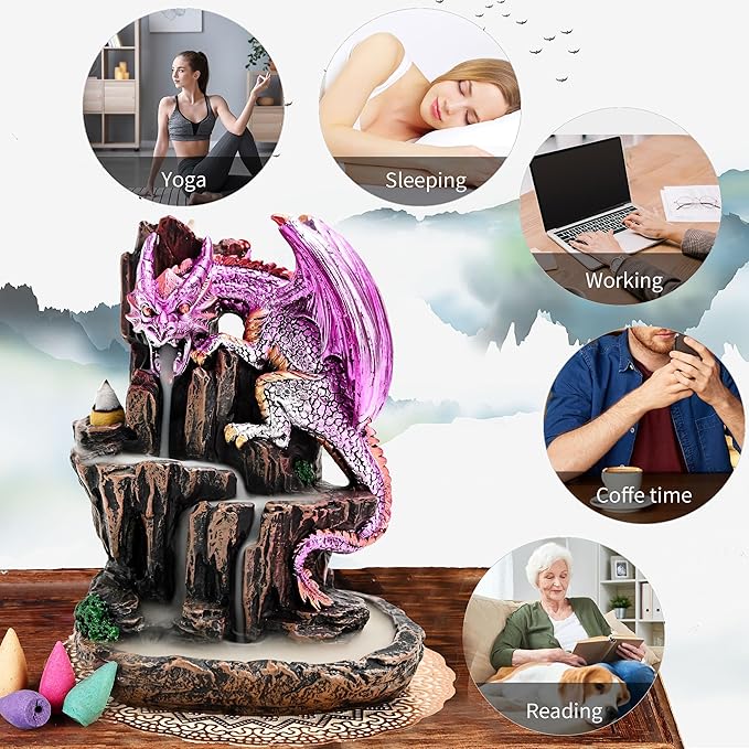 Dragon Backflow 2 Sided Mountain Waterfall Incense Burner,Fountain Smoke Incense Holder with Backflow Incense Cones, Tweezers, Mat，Resin Aromatherapy Meditationvaiuk (Purple) - Bloomnest