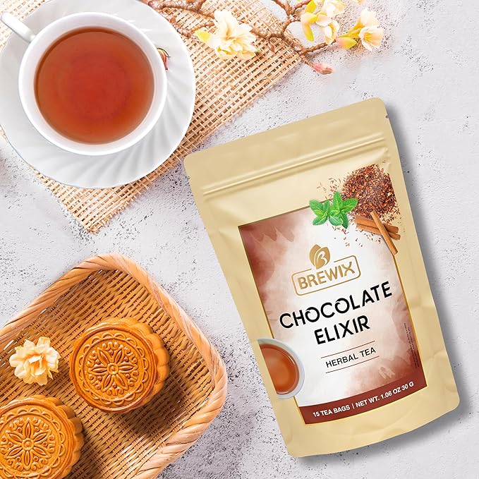 BREWIX, Chocolate Rooibos Herbal Tea (15 Pyramid Tea Bags) | Rich Red Tea with Cocoa, Cinnamon & Mint | Naturally Caffeine-Free | Dessert-Inspired Wellness Blend | Soothing Red Tea for Evening Comfort - Bloomnest