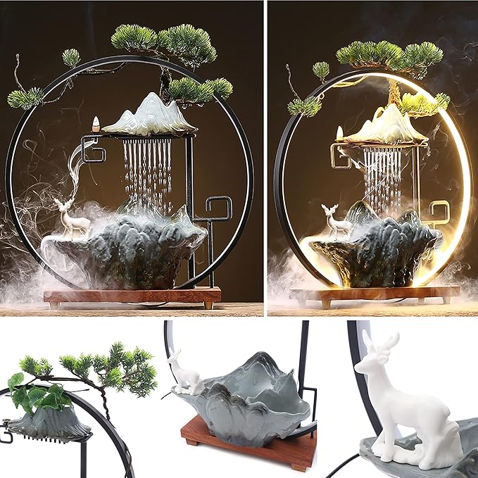 17In Water Fountains Indoor Tabletop Water Fall Humidifier with LED Light and Atomizer Mist, Zen Decor Meditation Japanese Decor Fake Plants Feng Shui Decor Festival Birthday Gift for Good Luck Wealth - Bloomnest