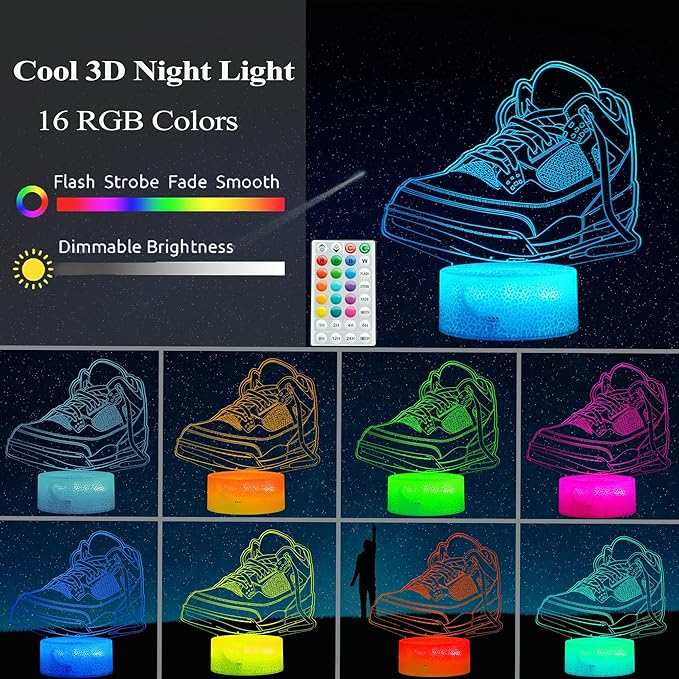 Sneaker Gifts, Sport Shoes, Sneaker Gifts, 3D Illusion Night Light Lamp, 16 Colors Changing, Timer, 4 Flash Modes and Dimmable, Kids Room Decoration, Xmas Gifts - Bloomnest