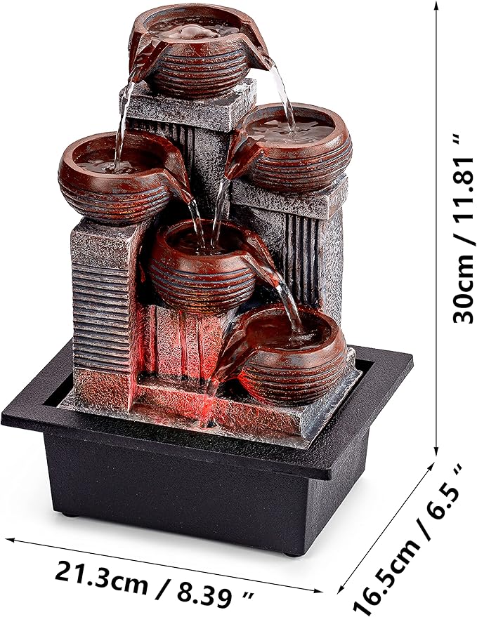 Indoor Fountains and Waterfalls from 5-Tiered Pots-12”H Tabletop Water Fountain-Desk Fountain-Office Decor with Audible Calming Waterfall Sounds-Zen Fountain with Color Lights - Bloomnest