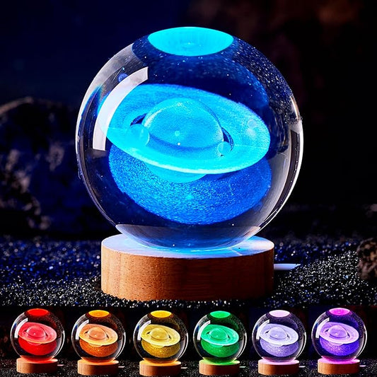3D Large Saturn Crystal Ball Night Light with Wooden Base, Solar System Crystal Lamp Gift for Kids Wife Friends, 16 Color Changing with Remote Control, 3.15 inch Planet Glass Ball Lamp (Saturn) - Bloomnest