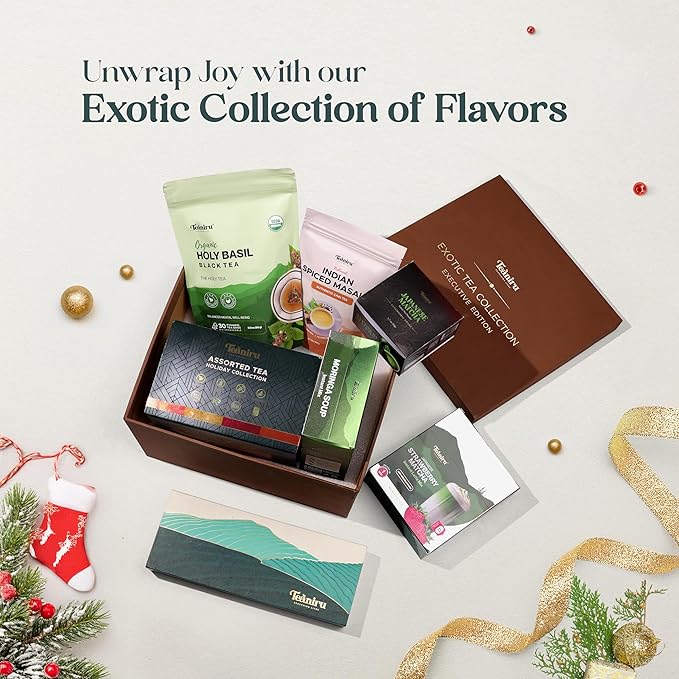 Teaniru, Exotic Collection-Christmas Gift Box | Holiday Flavored Teas, Moringa Soup, Strawberry Matcha Latte, Spiced Masala Chai, Assorted Loose Leaf Teas, Holy Basil Tea & Matcha, Thanks Giving - Bloomnest