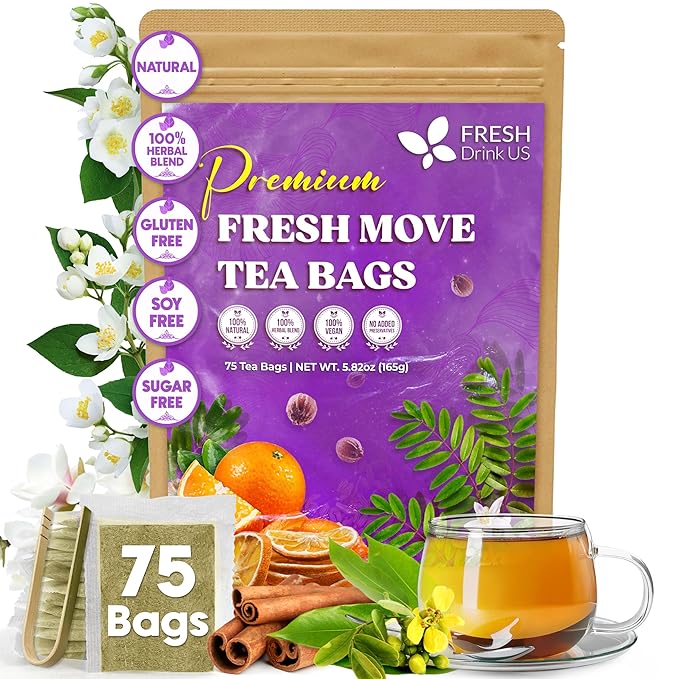 FreshDrinkUS, Fresh Move Tea – 75 Tea Bags - Herbal Tea Blend with Senna Leaves, Cinnamon, Orange Peel, Ginger & More – Caffeine-Free, Natural Ingredients – Smooth Flavor for Everyday Enjoyment - Bloomnest