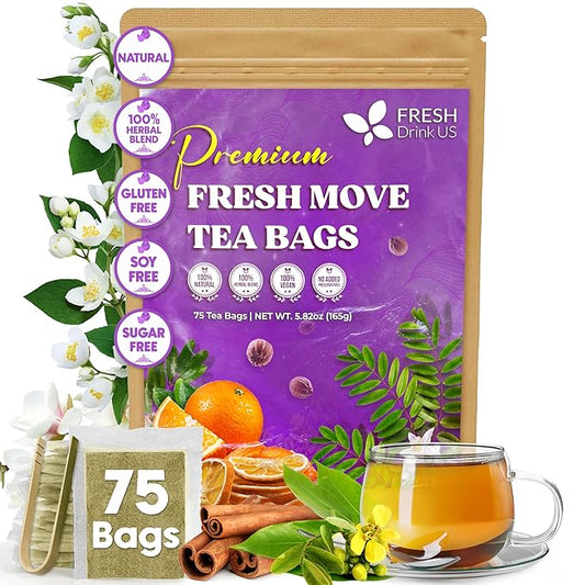 FreshDrinkUS, Fresh Move Tea – 75 Tea Bags - Herbal Tea Blend with Senna Leaves, Cinnamon, Orange Peel, Ginger & More – Caffeine-Free, Natural Ingredients – Smooth Flavor for Everyday Enjoyment - Bloomnest