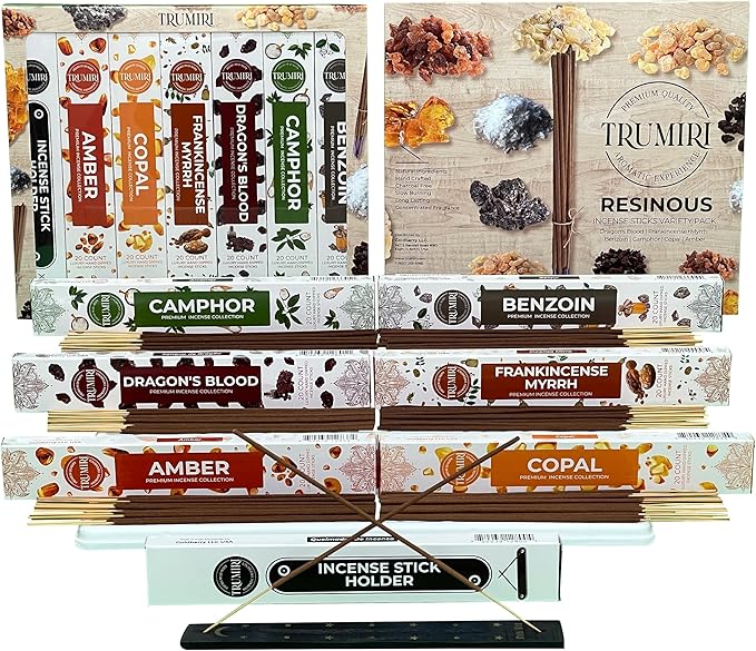 Trumiri Incense Sticks - 120 Insence-Sticks (20 Insense x 6 Incents) - Incienso Inscents-Sticks with Dragon Blood Frankincense Myrrh Benzoin Amber Copal Resin and Camphor Alcanfor + Incense Holder - Bloomnest