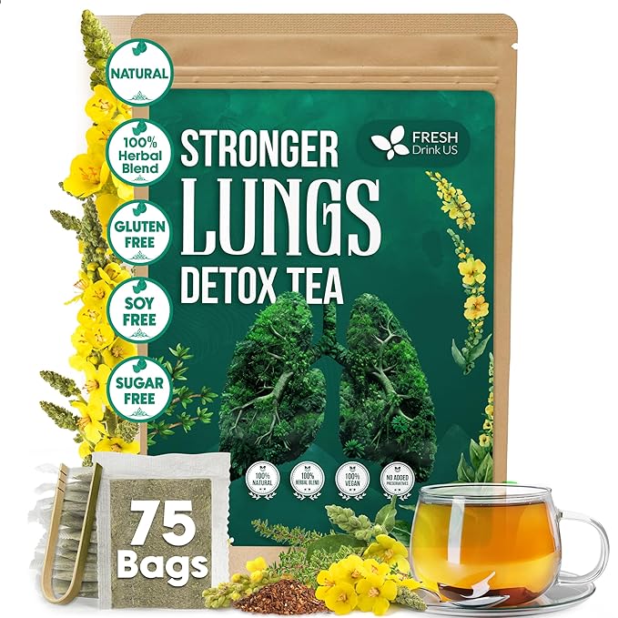 FreshDrinkUS, StrongerLungs 75 Tea Bags - Mullein Leaf, Ginseng, Elderberry, Ginger & Thyme - Supports Lung Cleanse, Congestion Relief & Mucus Detox - Caffeine-Free & All-Natural - Bloomnest