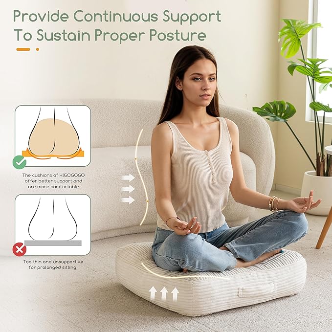 6" Washable Floor Pillow Cushion for Adults, Meditation Cushion Pillow, Large Square Floor Sitting, Removable Tufted Corduroy Cover, for Tatami Living Room or Yoga, 22x22 Inch, 2Pack, Machine Washable - Bloomnest
