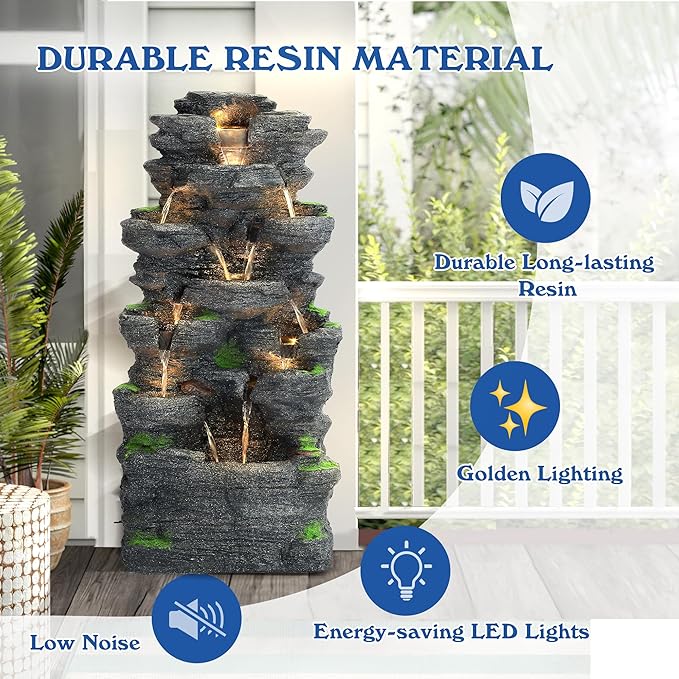 TITIMO 10-Tier Cascading Rock Water Fountain Outdoor Garden Waterfall with Lights,Fountain Indoor Decor for Garden, Patio, Backyard, Deck, Porch and Home Art Decor - Bloomnest