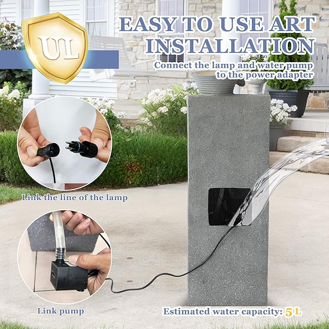 Grepatio Outdoor 5-Tiers Cascading Water Fountain, Garden Waterfalls Fountain with LED Lights, 24" H Modern Indoor Floor Standing Water Fountains with Pump for Patio, Yard, Deck Decor (Greyish Black) - Bloomnest