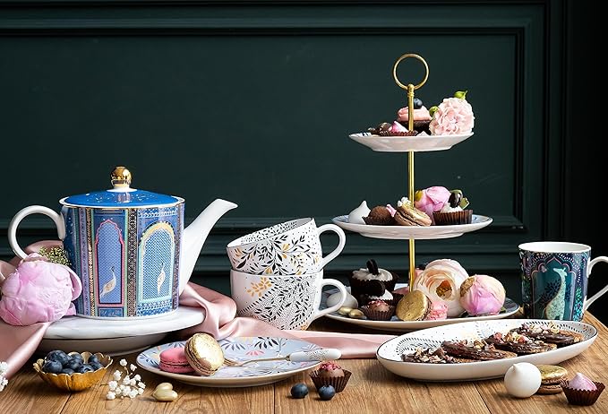 Sara Miller London India Lattice Windows Teapot - Fine China Indigo Teaware with Cranes & Gold Detailing - 37 oz Elegant Teapot for Afternoon Tea & Gifting Set, Service for 2 - Great for Brunch - Bloomnest