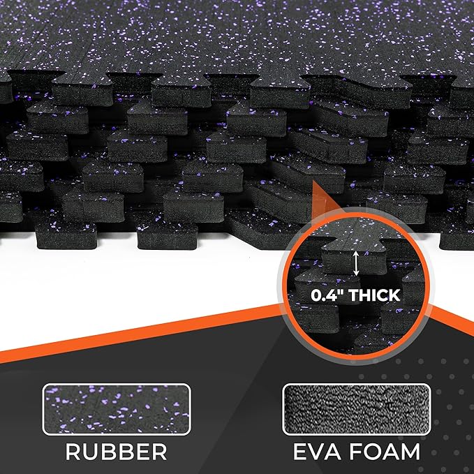 SUPERJARE 0.4'' Thick 24 Pcs 96 Sq Ft Rubber Top Exercise Equipment Mats, High Density EVA Foam Mats with Rubber Top, Interlocking Gym Flooring for Home Gym, Protective Workout Mat, Black/Purple - Bloomnest