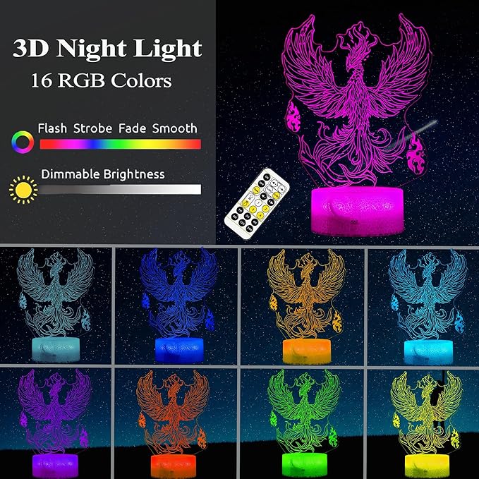 Phoenix Night Light, 3D Illusion Lamp, Phoenix Stuff with 16 Colors Changing, Remote Control, Dimmable, Kids Room Decoration, Xmas Holiday Gifts - Bloomnest