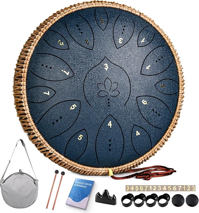 Steel Tongue Drum 13 Inches 15 Notes, Hand Pan Drums for Adults 440hz, C Major Handpan Musical Instrument with Song Book, Mallets and Carry Bag, Navy Blue - Bloomnest