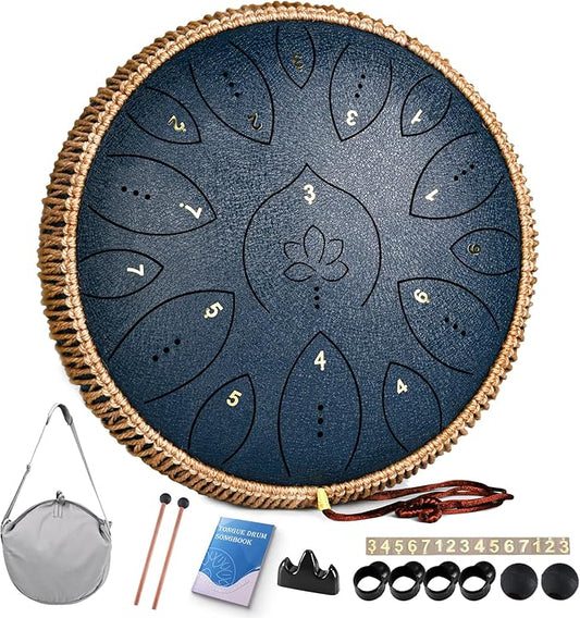 Steel Tongue Drum 13 Inches 15 Notes, Hand Pan Drums for Adults 440hz, C Major Handpan Musical Instrument with Song Book, Mallets and Carry Bag, Navy Blue - Bloomnest