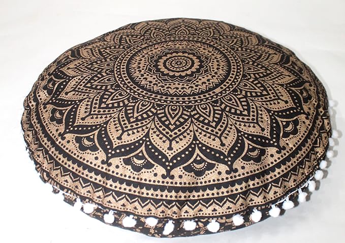 CRAFT KALA Boho Large Floor Pillow Pouf Cover Mandala Meditation Room Pillow Cover for Adults Round Bohemian Seating Pouf Cushion Cover for Kids Playroom 22" Black Gold Ombre - Bloomnest