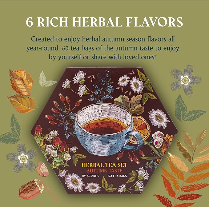 ACORUS Autumn Taste Tea Set, Natural Herbal Tea Variety Pack, Assorted Tea Box, Tea Gift Set of 6 Different Teas, Herbal Tea Sampler of 60 Tea Bags Individually Wrapped, Discover Rich Autumn Teas - Bloomnest