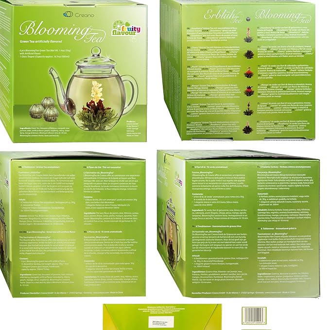 Creano Blooming Tea Gift Set with Glass Teapot 17oz (500ml) - Green Tea Fruity Flavoured Tea Flowers in 6 Varieties - Flowering Tea Gift for Easter - Bloomnest