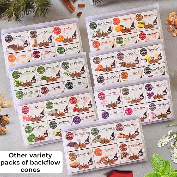 Blossom - Backflow Incense Cones for Waterfall - Scented Inscents-Cones - Peony, Lilac, Hyacinth, Tuberose, Honeysuckle, Violet - Insiensos Aromaticos - 6x10=60 Large Variety Pack TRUMIRI