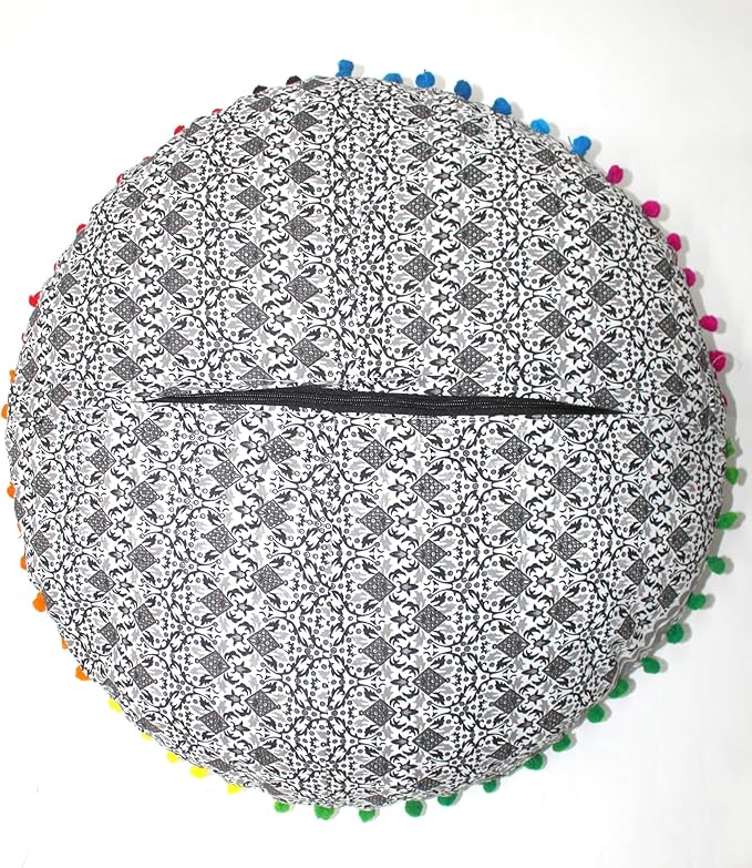CRAFT KALA Boho Large Floor Pillow Pouf Cover Mandala Meditation Room Pillow Cover for Adults Round Bohemian Seating Pouf Cushion Cover for Kids Playroom 22" Grey Ombre - Bloomnest