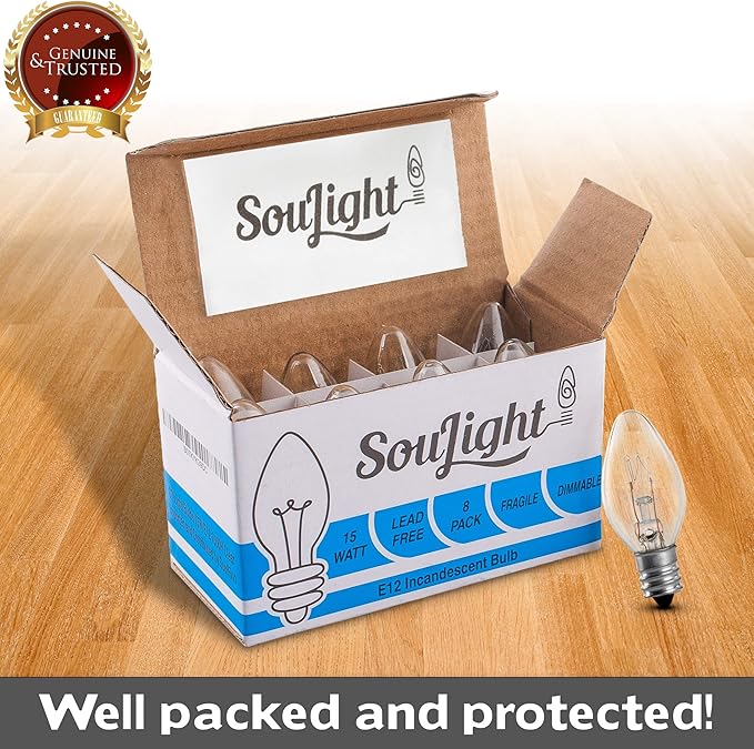 SouLight Salt Lamp Light Bulb - 15 Watt Replacement Bulbs for Himalayan Salt Lamps & Baskets, Chandeliers, Candle & Wax Warmers, Night Light Bulbs. E12 Socket, C7, Warm White – 8 Pack - Bloomnest