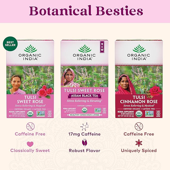 Organic India Tulsi Sweet Rose Herbal Tea - Holy Basil Leaf, African Basil, Chamomilie, Lemon Myrtle, Stress Relieving, Immune Support, USDA Certified Organic, Caffeine-Free - 18 Infusion Bags, 6 Pack - Bloomnest