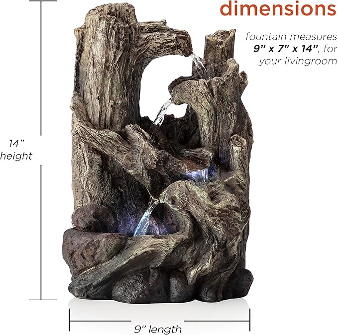 Alpine Corporation WIN786S Indoor 5 Tiered Rainforest Tree Trunk Tabletop Waterfall Fountain with LED Lights, 14" Tall, Brown - Bloomnest